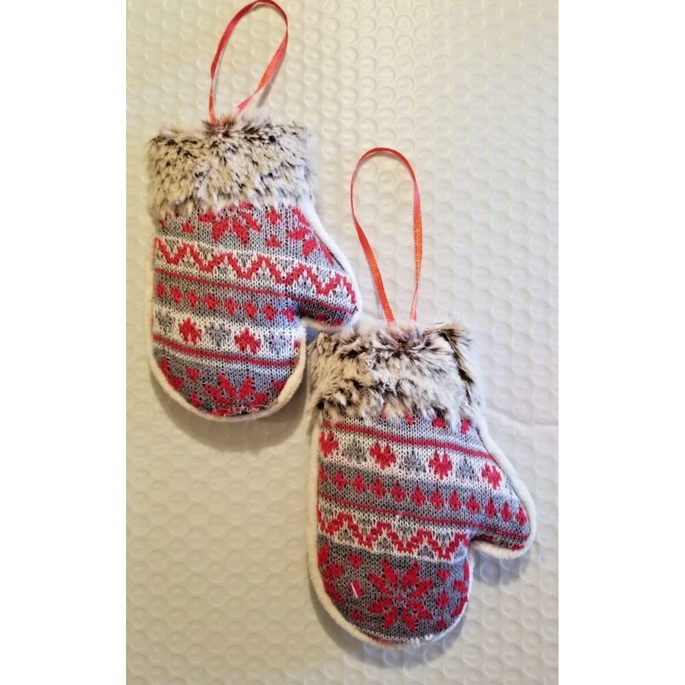 Holiday Hanging Ornaments Faux Fur Edge Mittens Gray & Red Set of 2 Decorating